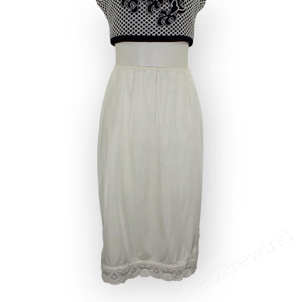 Med Vintage Vassarette Slip Skirt Lace Slit Satin Ivory Sheen USA Midi